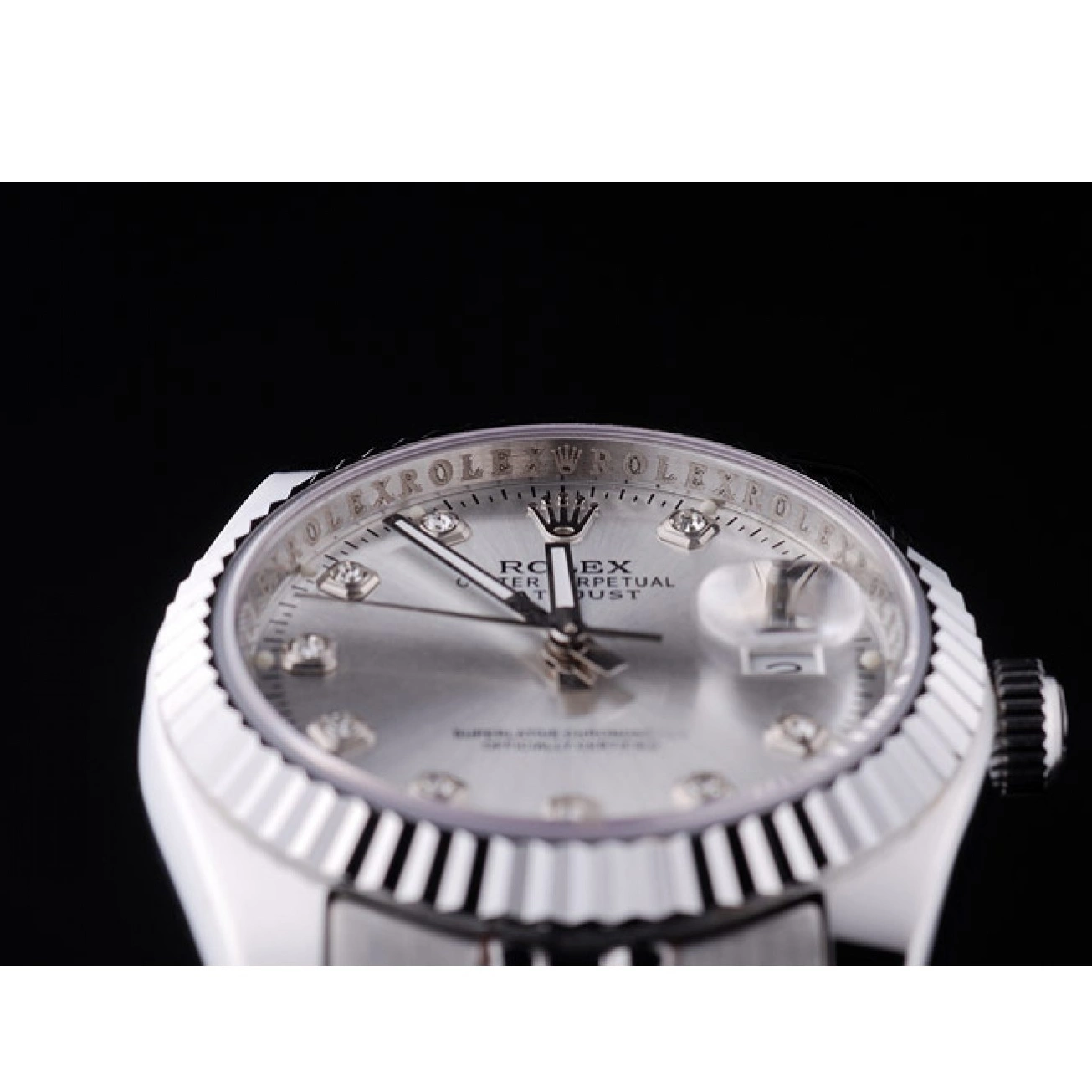 Aaa replica watch Datejust Ribbed Rolex 7455 Silver Diamonds Dial Bezel 0716